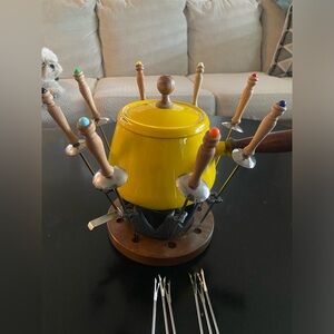 Complete 1960’s Enamel Fondue Set with cast iron warmer. This is special